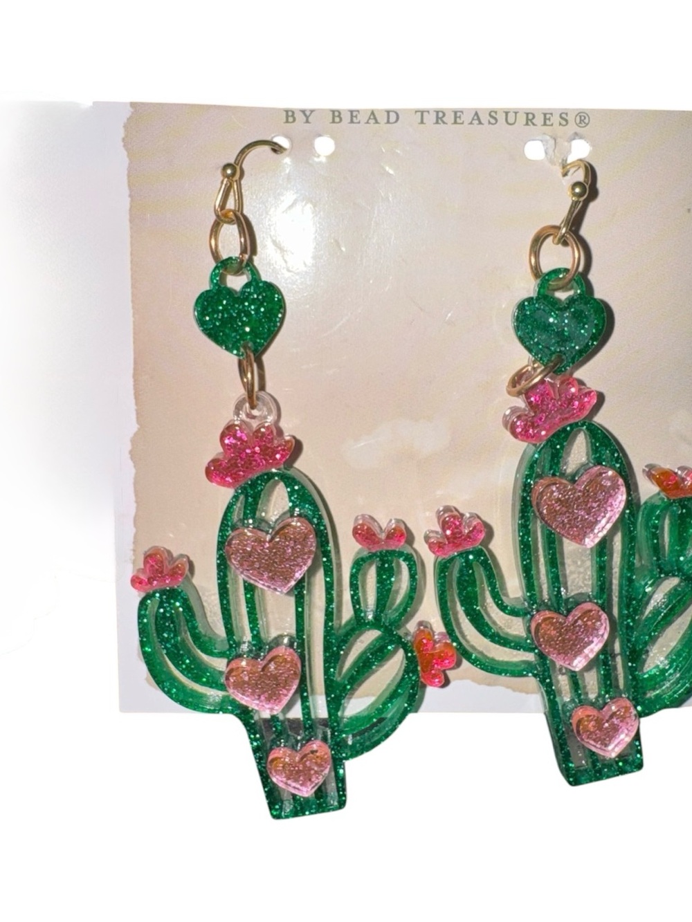 Green Glitter Cactus Heart Drop Earrings with Pink Accents